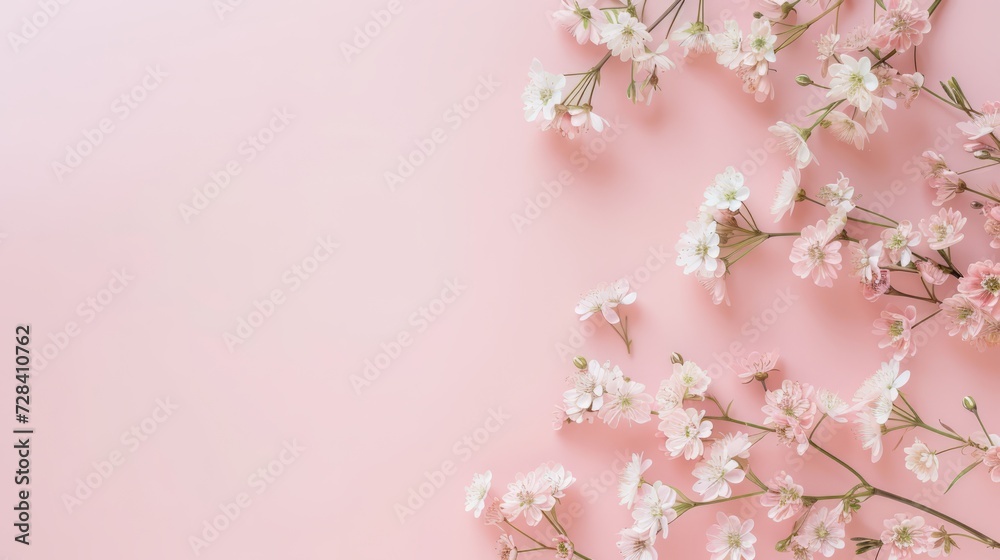 A blooming spring branch on a blush pink backdrop, perfect for a wedding. 