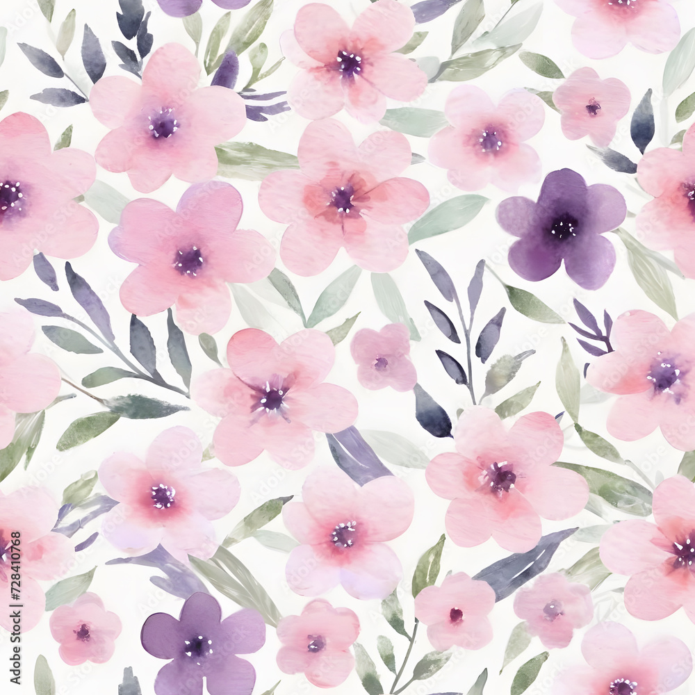 Seamless Pattern. Simple watercolor illustration of delicate pink flowers on white background