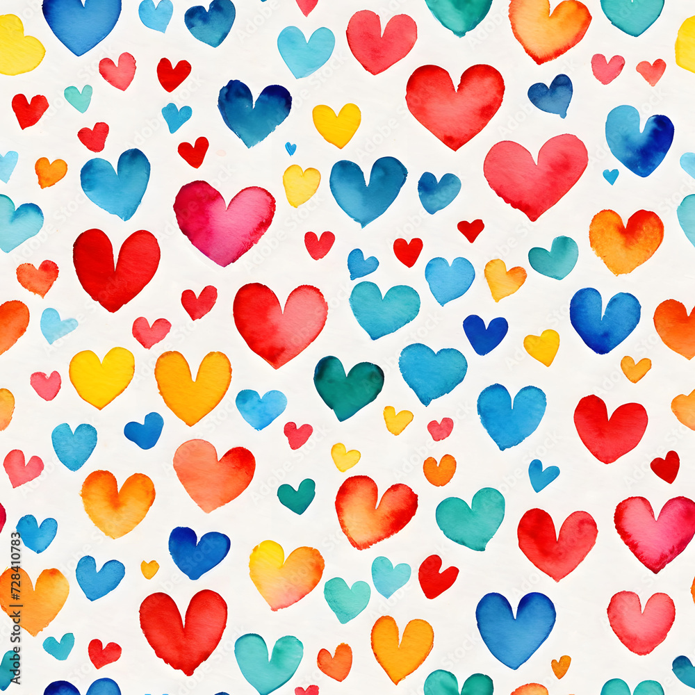 Seamless pattern of small colorful multicolored hearts on a white background