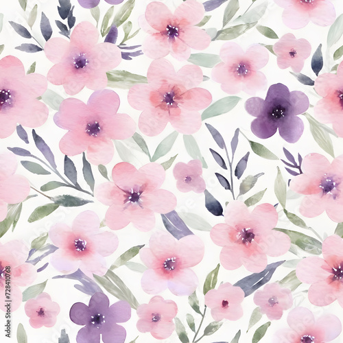 Seamless Pattern. Simple watercolor illustration of delicate pink flowers on white background