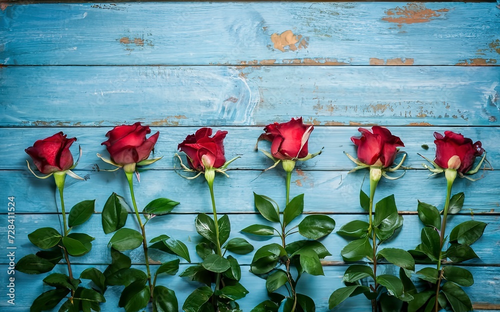 Red roses flowers on blue painted wooden planks