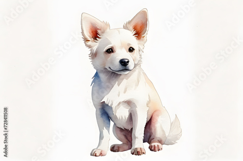 Watercolor illustration of a white dog sitting on a white background © Kristina K