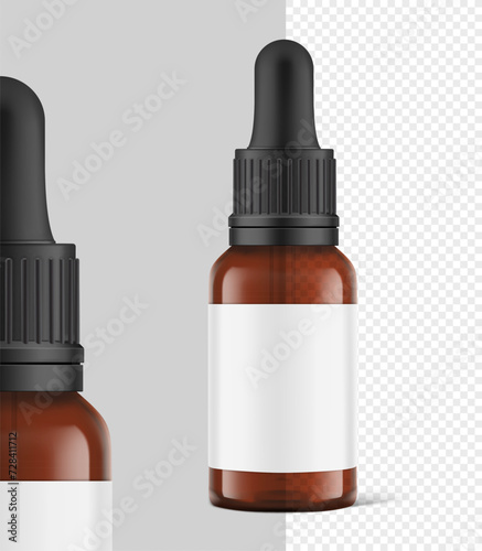Dropper vial mockup isolated on grey and transparent background. Vector illustration. Front view. Сan be used for cosmetic, medical and other needs. EPS10.	
