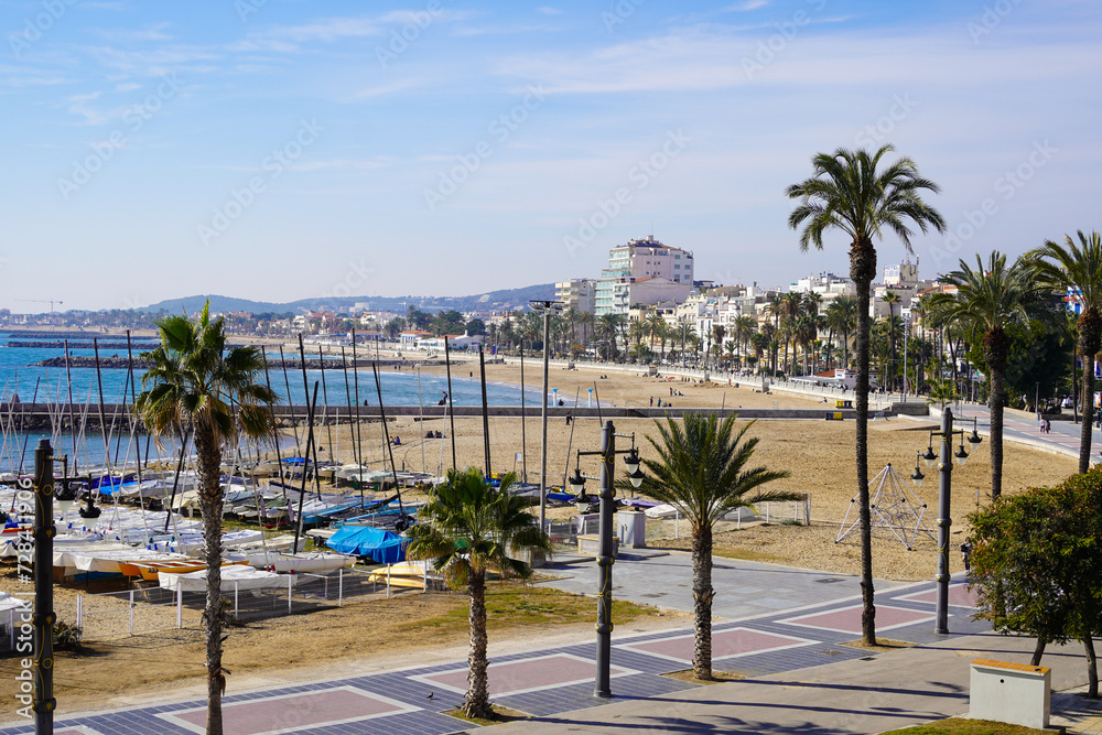 Fototapeta premium Passeig Maritim de Sitges, Sitges coastal promenade in Spain 
