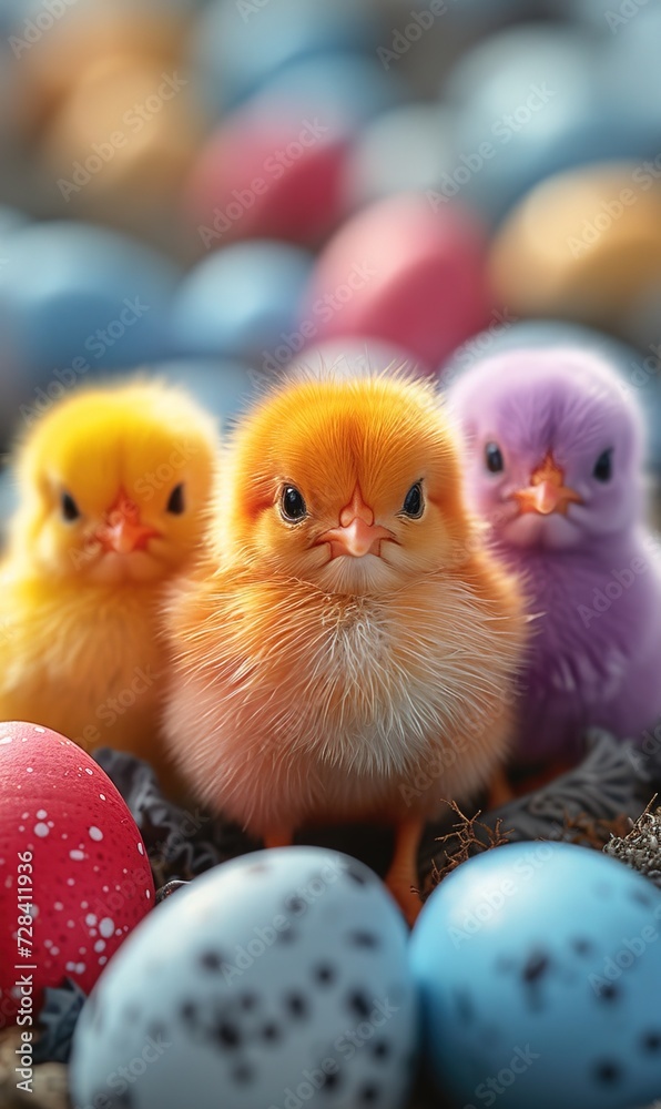 Easter postcard with baby chicks nestled in a nest with a variety of eggs