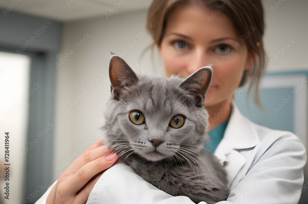 A gray house cat in the arms of a veterinarian at a clinic. The concept of care and care of a pet