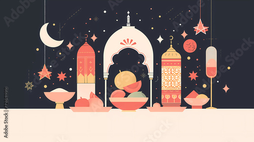 Ramadan delicious dinner dishes for Iftar party with lantern and moon background .flat vector illustration. photo