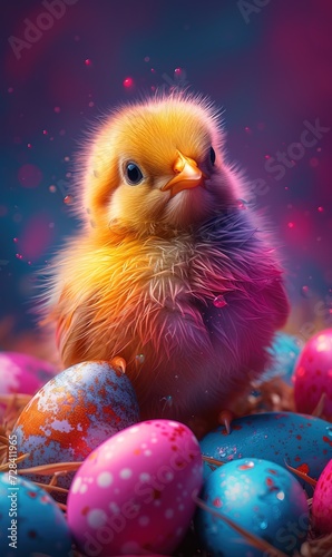 Close-up of fluffy baby chicks nestled among pastel-colored eggs. Easter card concept.. photo