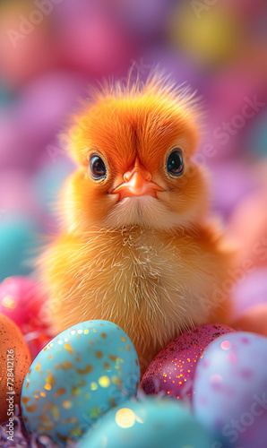 Close-up of fluffy baby chicks nestled among pastel-colored eggs. Easter card concept.. photo