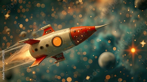 fantastic 3D illustration of a rocket flying in dark space among stars and planets. Intergalactic travel. Cartoon spaceship photo