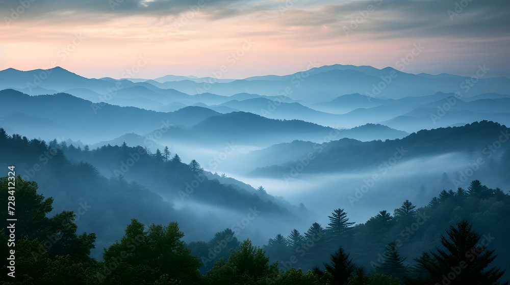 A photo of Great Smoky Mountains, with misty Appalachian peaks as the background, during a tranquil morning