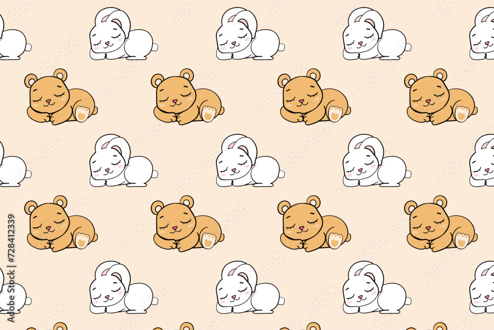 sleeping rabbit cute happy bear on golden background seamless endless pattern vector illustration. sleeping rabbit cute happy bear on golden background seamless endless pattern vector illustration.