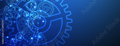 Abstract blue technological background  with cogwheels and plexus effect. Vector