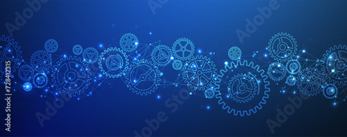 Abstract blue technological background  with cogwheels and plexus effect. Vector photo