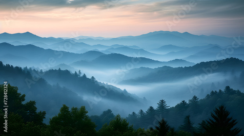 A photo of Great Smoky Mountains, with misty Appalachian peaks as the background, during a tranquil morning