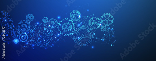 Abstract blue technological background  with cogwheels and plexus effect. Vector