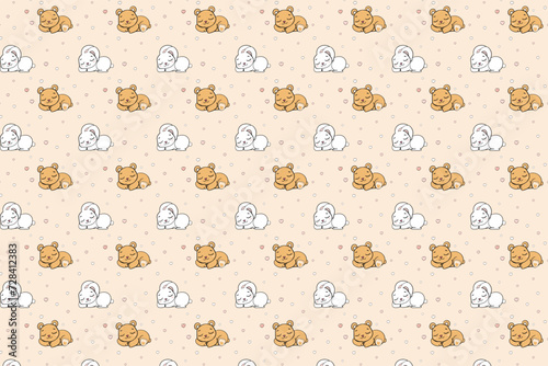 sleeping rabbit cute happy bear on golden background with hearts seamless endless pattern vector illustration