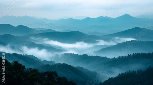 A photo of Great Smoky Mountains, with misty Appalachian peaks as the background, during a tranquil morning © CanvasPixelDreams