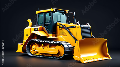 bulldozer isolated on a black background. yellow bulldozer Construction machinery and equipment on groundwork. Bulldozer leveling ground for new road construction.  photo
