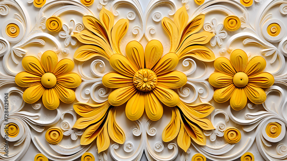 Quilling paper of white and yellow flowers shapes. Quilling paper curls and rolls banner in an abstract panel with copy space. Filigree paper colored background. Quilling hobby examples. Quilling paper of white and yellow flowers shapes. Quilling paper curls and rolls banner in an abstract panel with copy space. Filigree paper colored background. Quilling hobby examples.