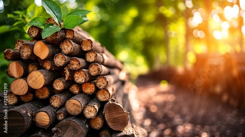 Biomass wood pellets and woodpile on blurred background with space for text placement