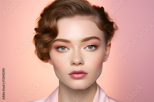 Face of young woman with 30s hairstyle in front of pastel background
