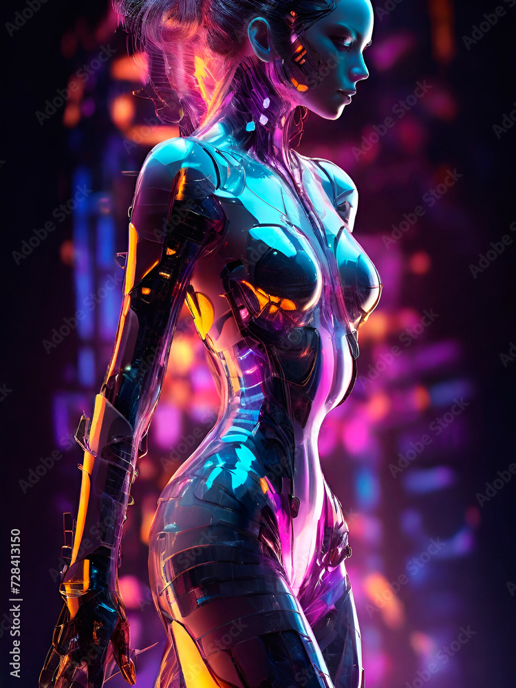Ultra detailed illustration of the silhouette of a woman, phantasmagorical figure, translucent skin:1.5, translucent body:1.5, neon lights, light particles, colorful, cmyk colors, backlit, cyberpunk