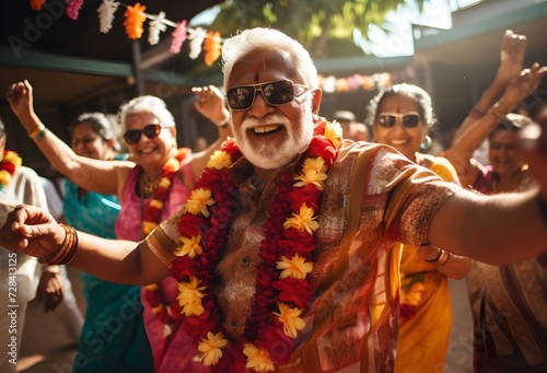 Lively Seniors in Hawaiian Shirts: Celebrating Active Retirement Through Dance 