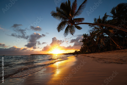 Fototapeta Naklejka Na Ścianę i Meble -  Landscape of paradise tropical island beach with palm trees on the sea shore sunset, sunrise seascape
