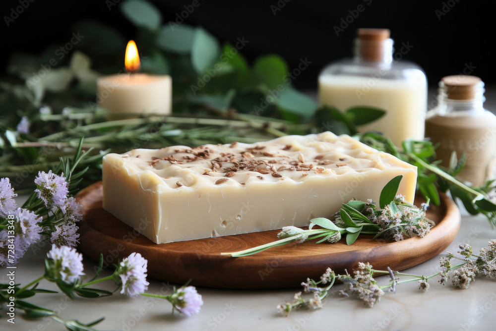 Lavender soap and salt on rustic wooden board Lavender soap and salt on rustic wooden board