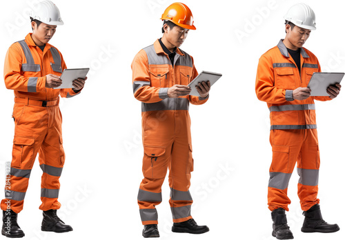 photo of workers in a helmet using tablet at work, engineers using tablet on duty