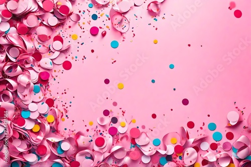 Pink festive confetti background. Bright background for celebration birthday. top view  flat lay