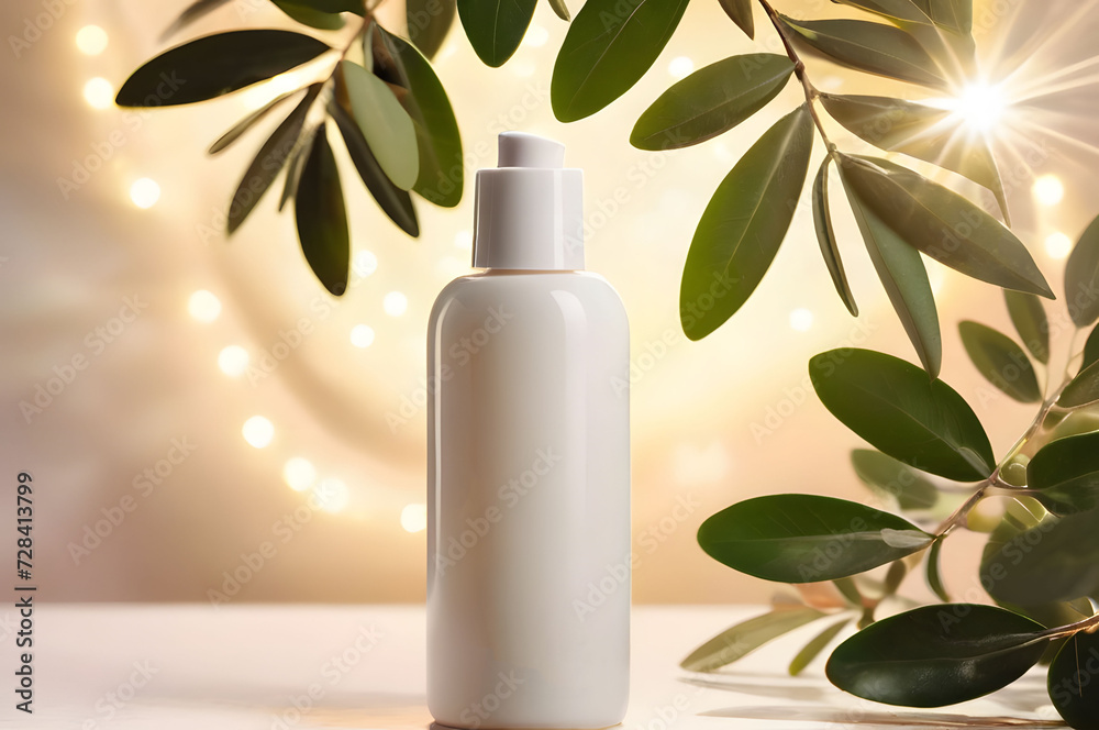 Cosmetics container mockups. White bottle on light with olive branches. Beauty, cosmetology, skin care, spa salon Cosmetics container mockups. White bottle on light with olive branches. Beauty, cosmetology, skin care, spa salon