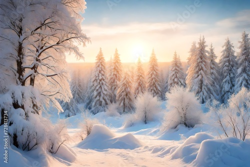 Village in a winter day and snow. Winter frosty trees on snow white background
