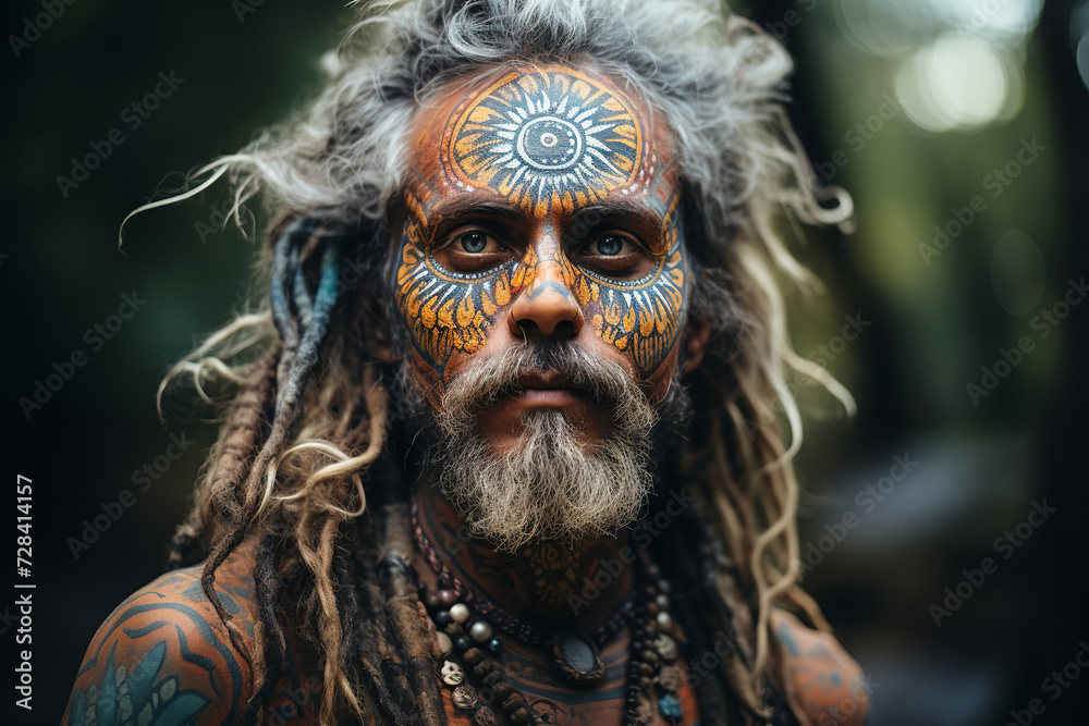middle aged bearded hippie man with colorful painted makeup