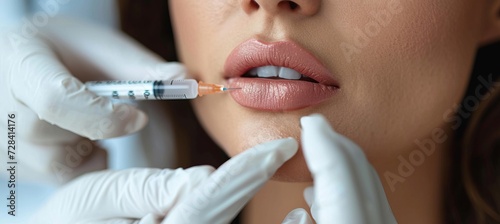 Aesthetic medicine specialist injecting lips, customizable text space for perfect pout.