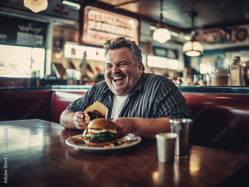 Joyful Man Laughing with Burger at Retro Diner Joyful Man Laughing with Burger at Retro Diner