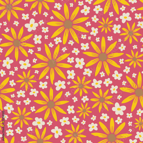 Seamless sunflower pattern. Floral print. Summer flower background. Yellow and white flowers wallpaper. Perfect for fabric, stationary, packaging, wrapping