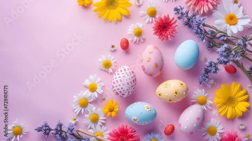 Realistic 3d design Top view banner of easter eggs  flowers with soft color background.Easter festival background.