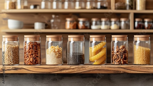 Organic whole grain pasta and wild rice in glass jars on kitchen shelf