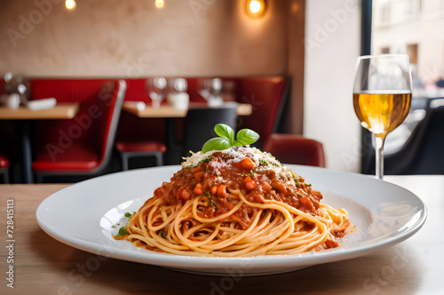Traditional Italian spaghetti. Spaghetti with bolognese sauce, basil on a white background, pasta on a white plate and a glass of wine