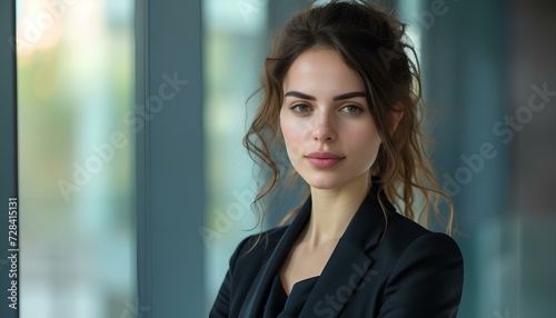 young businesswoman, corporate employee or team coach at professional business training event. Serious unsmiling beautiful young woman in suit standing in office and looking at camera. generative AI