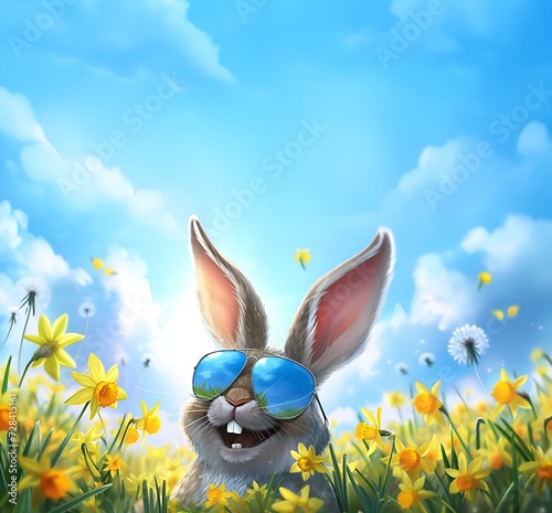 daffodil easter bunny, a funny laughing rabbit with reflective sunglasses in field of daffodils is watching the blue sky with copy space for advertising, markting, social media greetings photo