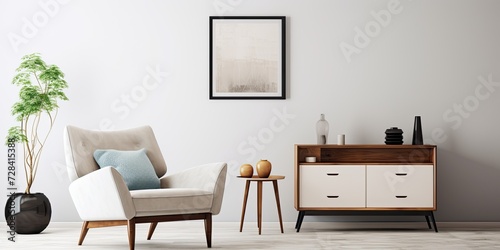 Harmonized living room with white commode, armchair, coffee table, poster frame, side table, decoration and personal accessories. Creative home decor. © Vusal