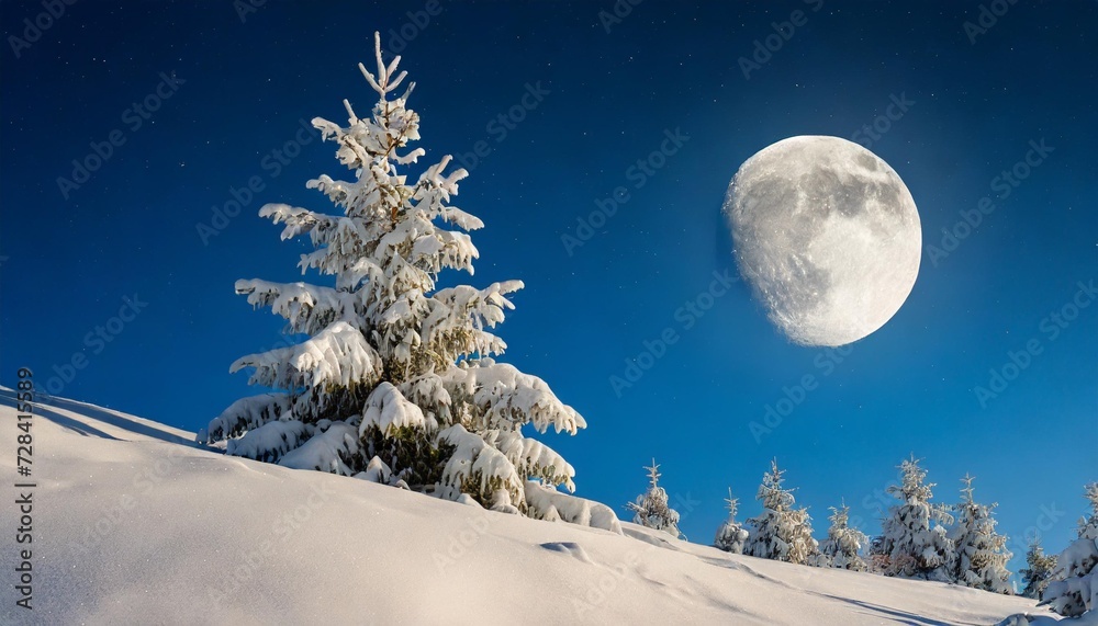 snow covered spruce and moon snow covered spruce and moon