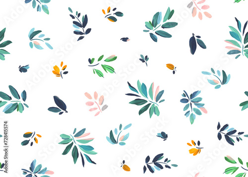 Gouache, floral seamless pattern with colorful leaves. Isolated illustration of abstract leaves for textile, wallpapers or decorative background. 