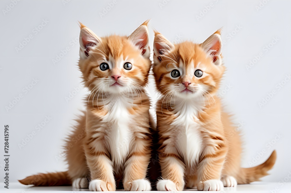 Two cute red fluffy kittens sitting together. Pets on a light background.