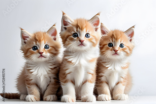 Three cute red fluffy kittens sitting together. Pets on a light background.