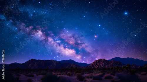 A photo of Joshua Tree National Park, with iconic Joshua trees as the background, during a starry night