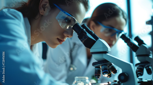 An attractive young scientist and her postdoctoral supervisor are looking at a microscope slide in a forensic laboratory